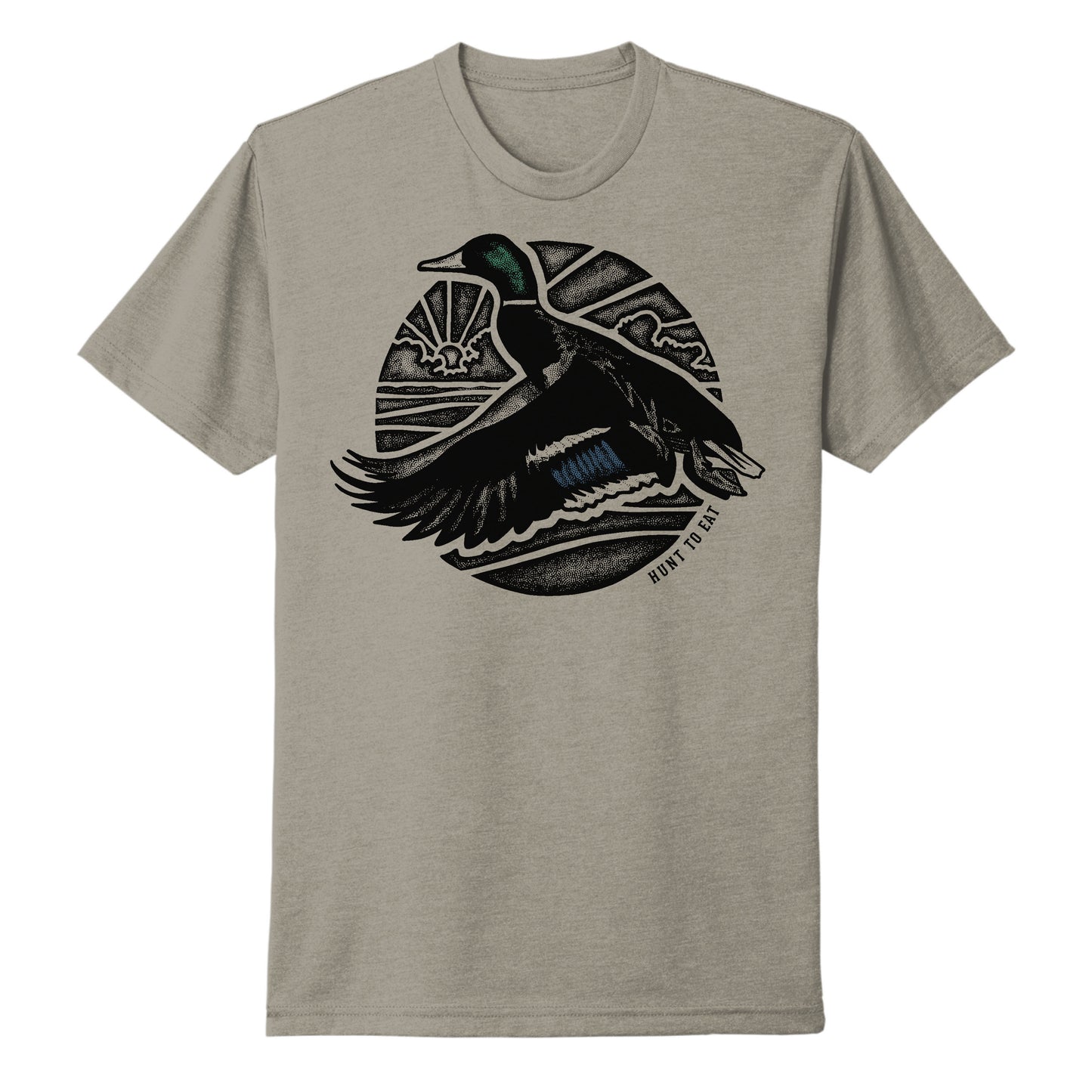 A gREY t-shirt addorned with a beeautiful male mallard duck flying in front of a monochrome sunrise. a duck hunters dream