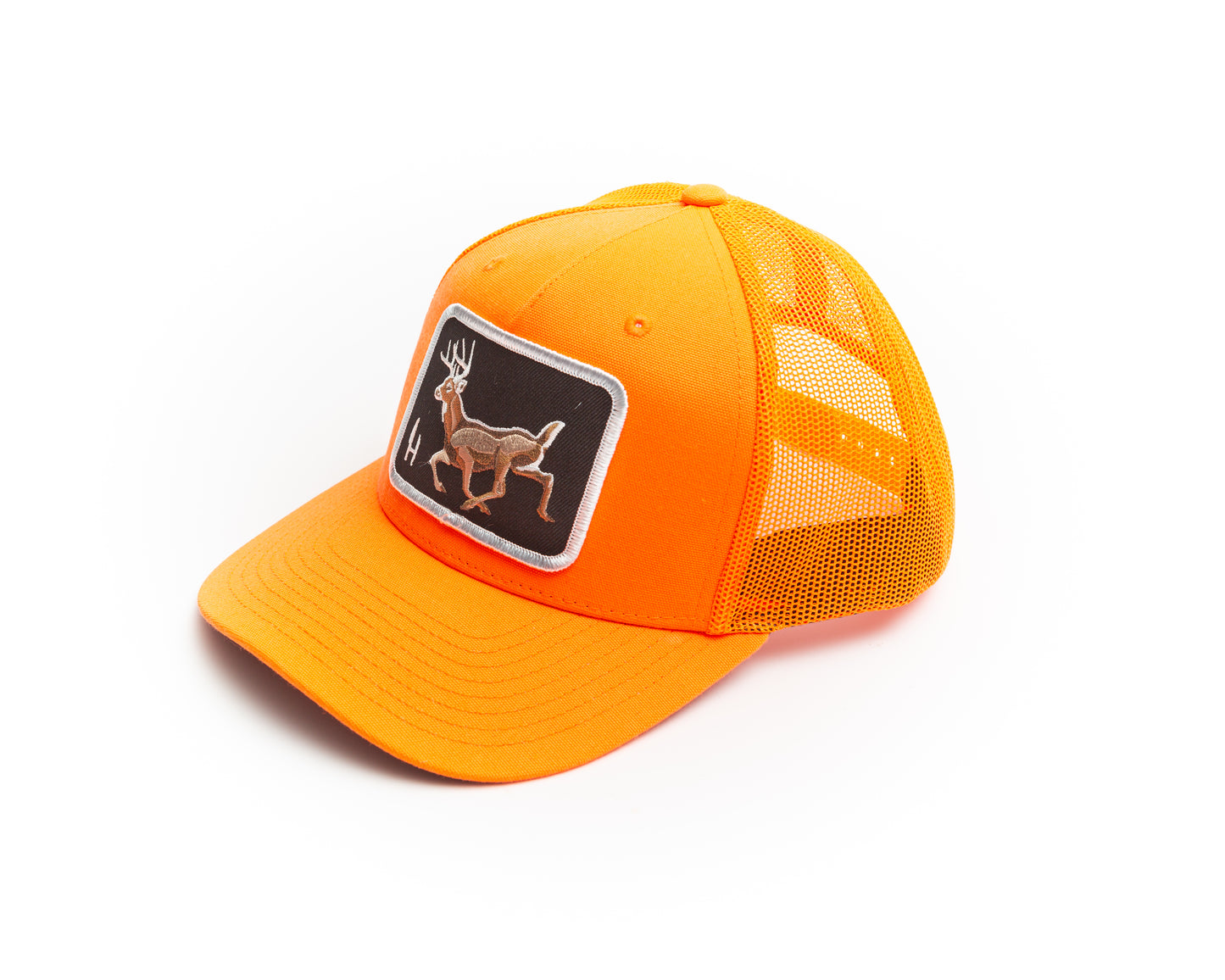 Safety Orange mesh backed trucker cap. baseball hat. snap back. This blaze orange trucker cap is decorated with an embroidered patch featuring a running whitetail deer buck. The eight point buck is embroidered on a black twill background and is surrounded by a white merrowed border. This is the perfect hat to wear in the woods during whitetail deer hunting gun season to keep you safe and visible.