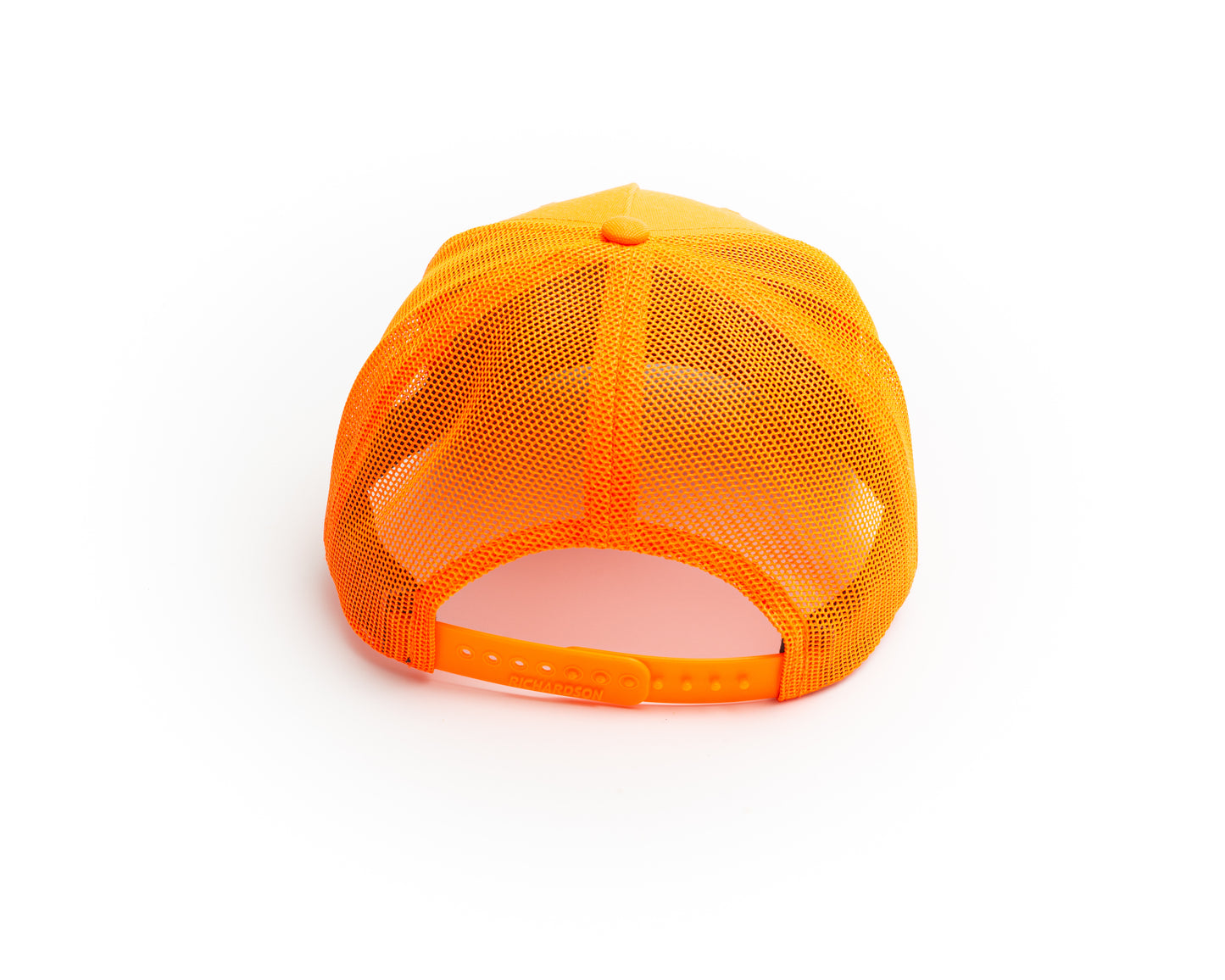 Safety Orange mesh backed trucker cap. baseball hat. snap back. This blaze orange trucker cap is decorated with an embroidered patch featuring a running whitetail deer buck. The eight point buck is embroidered on a black twill background and is surrounded by a white merrowed border. This is the perfect hat to wear in the woods during whitetail deer hunting gun season to keep you safe and visible.