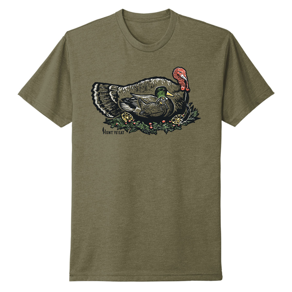 Turducken T-Shirt by Hunt To Eat.  Olive Green T-Shirt decorated with an illustration of a wild Prarie Chicken inside a Mallard Duck inside a Wild Turkey