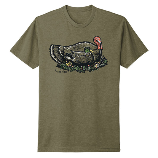 Turducken T-Shirt by Hunt To Eat.  Olive Green T-Shirt decorated with an illustration of a wild Prarie Chicken inside a Mallard Duck inside a Wild Turkey