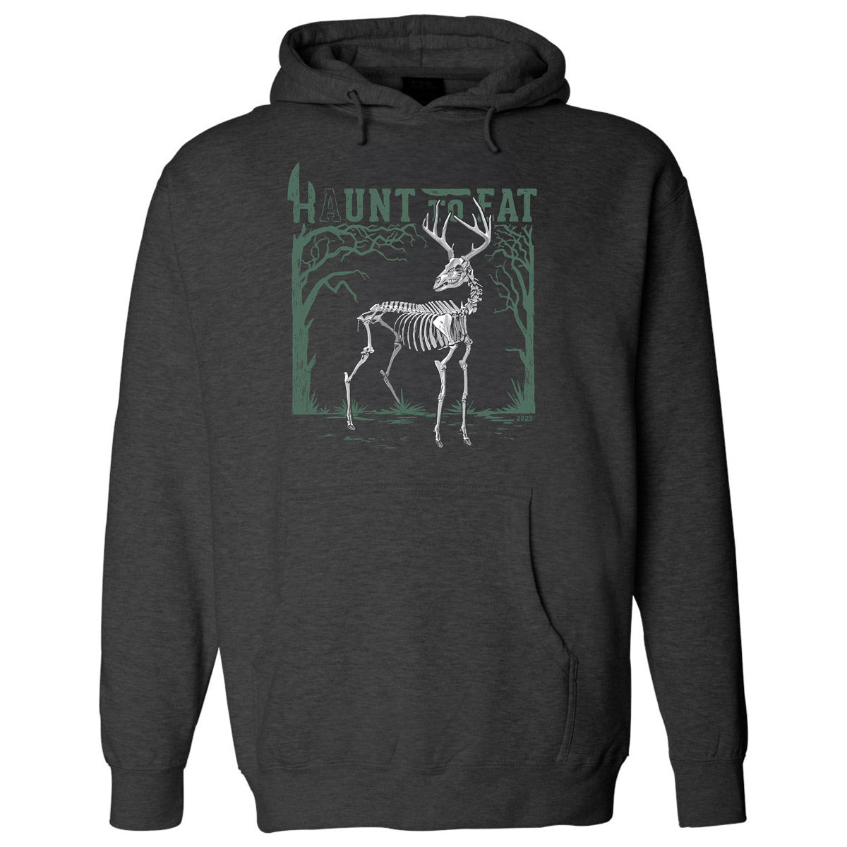 Charcoal heather hooded sweatshirt with a skeleton deer design. Haunt to eat written on the top of the design.