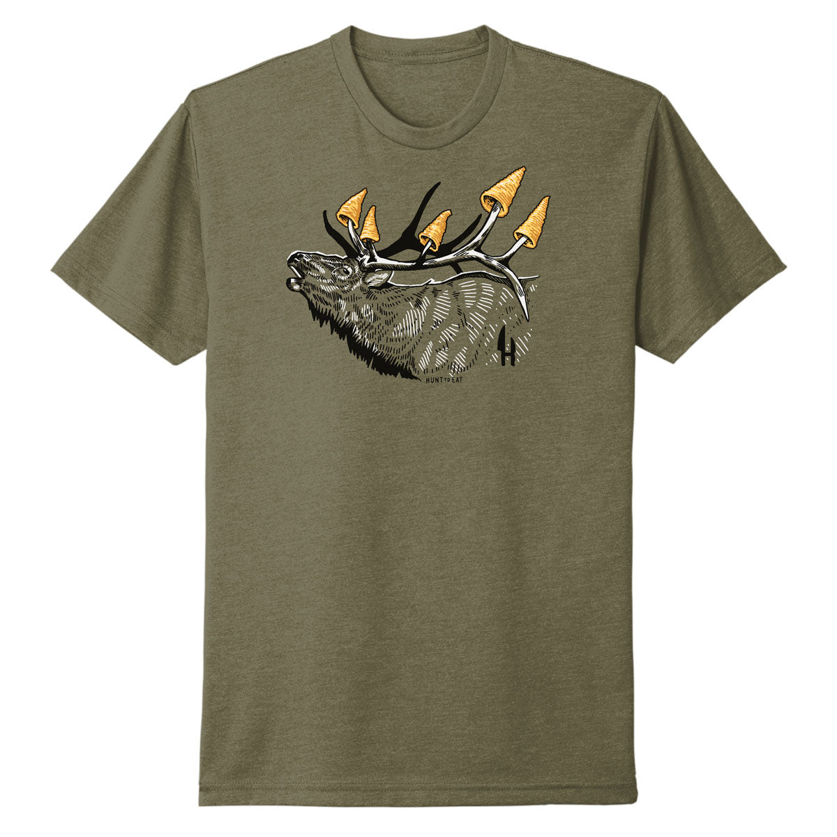 An olive green T shirt with an illustrated design of a bugling elk. The elks antlers are tipped with the snack food bugles to make a visual pun.