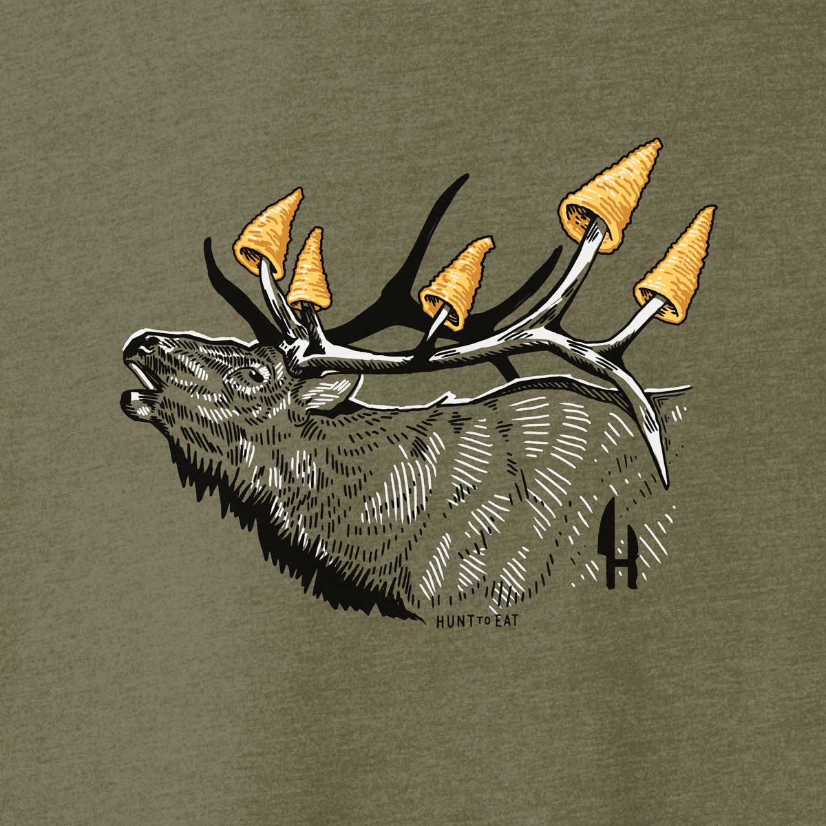 closeup of An olive green T shirt with an illustrated design of a bugling elk. The elks antlers are tipped with the snack food bugles to make a visual pun.