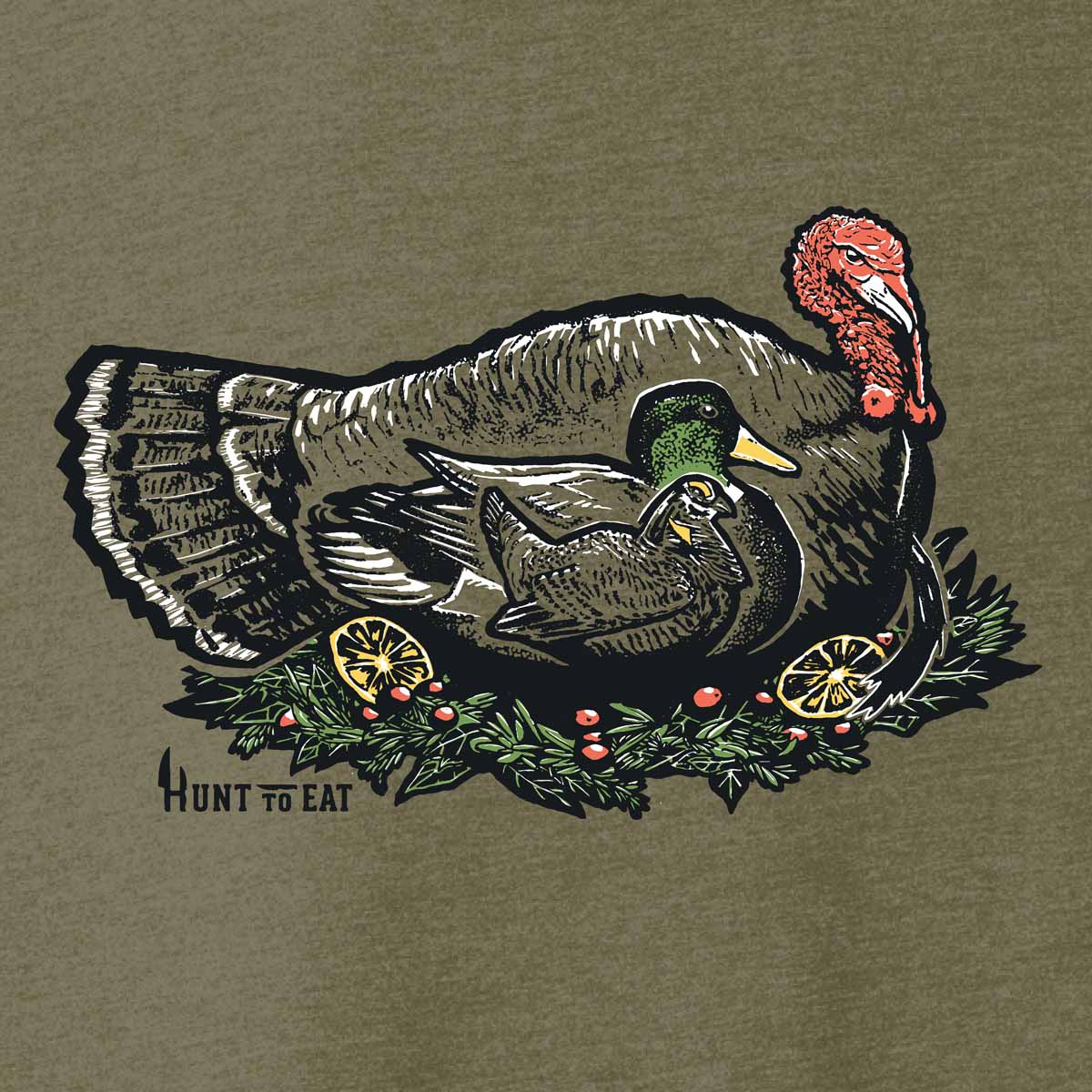 Turducken T-Shirt by Hunt To Eat. Olive Green T-Shirt decorated with an illustration of a wild Prarie Chicken inside a Mallard Duck inside a Wild Turkey