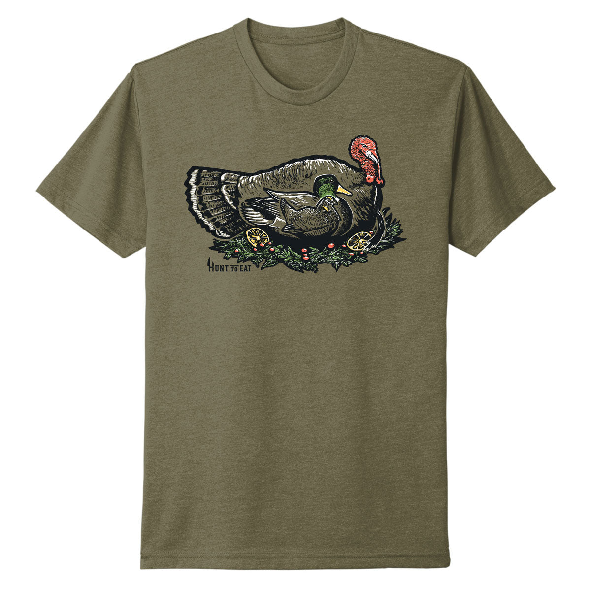 Turducken T-Shirt by Hunt To Eat.  Olive Green T-Shirt decorated with an illustration of a wild Prarie Chicken inside a Mallard Duck inside a Wild Turkey 