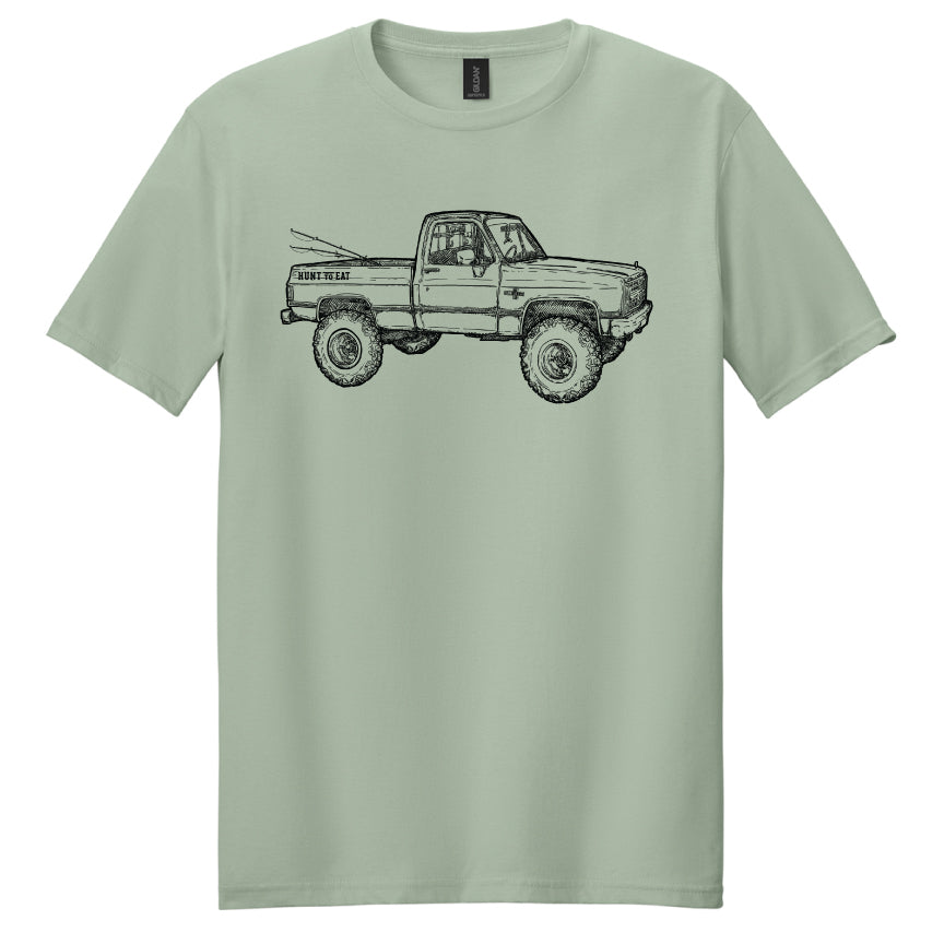 a tee shirt with a black line sketch of an old chevy hunting truck.  
