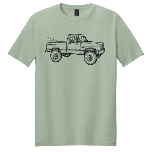 a tee shirt with a black line sketch of an old chevy hunting truck.  